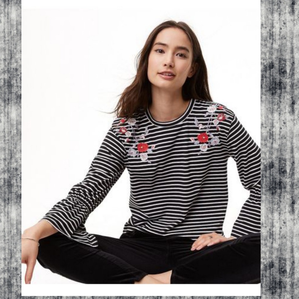 Loft Ann Taylor Embroidered Bell Sleeve Striped Top BOHO CHIC
